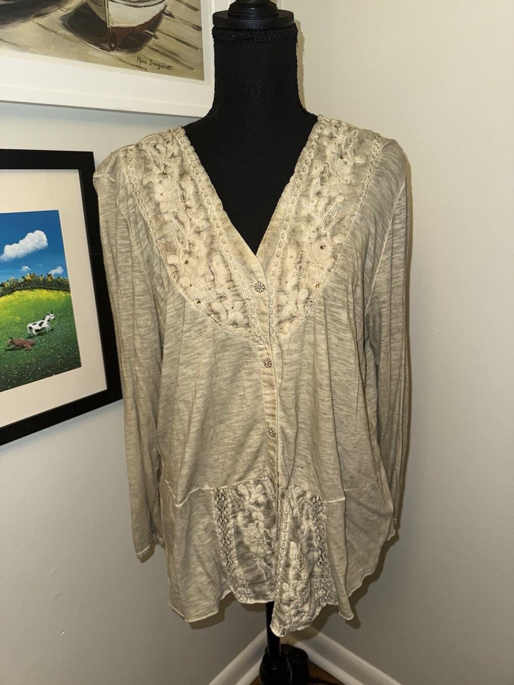 Reba women’s tan tunic Button Down Studded Embroidery Hippie Unique XL